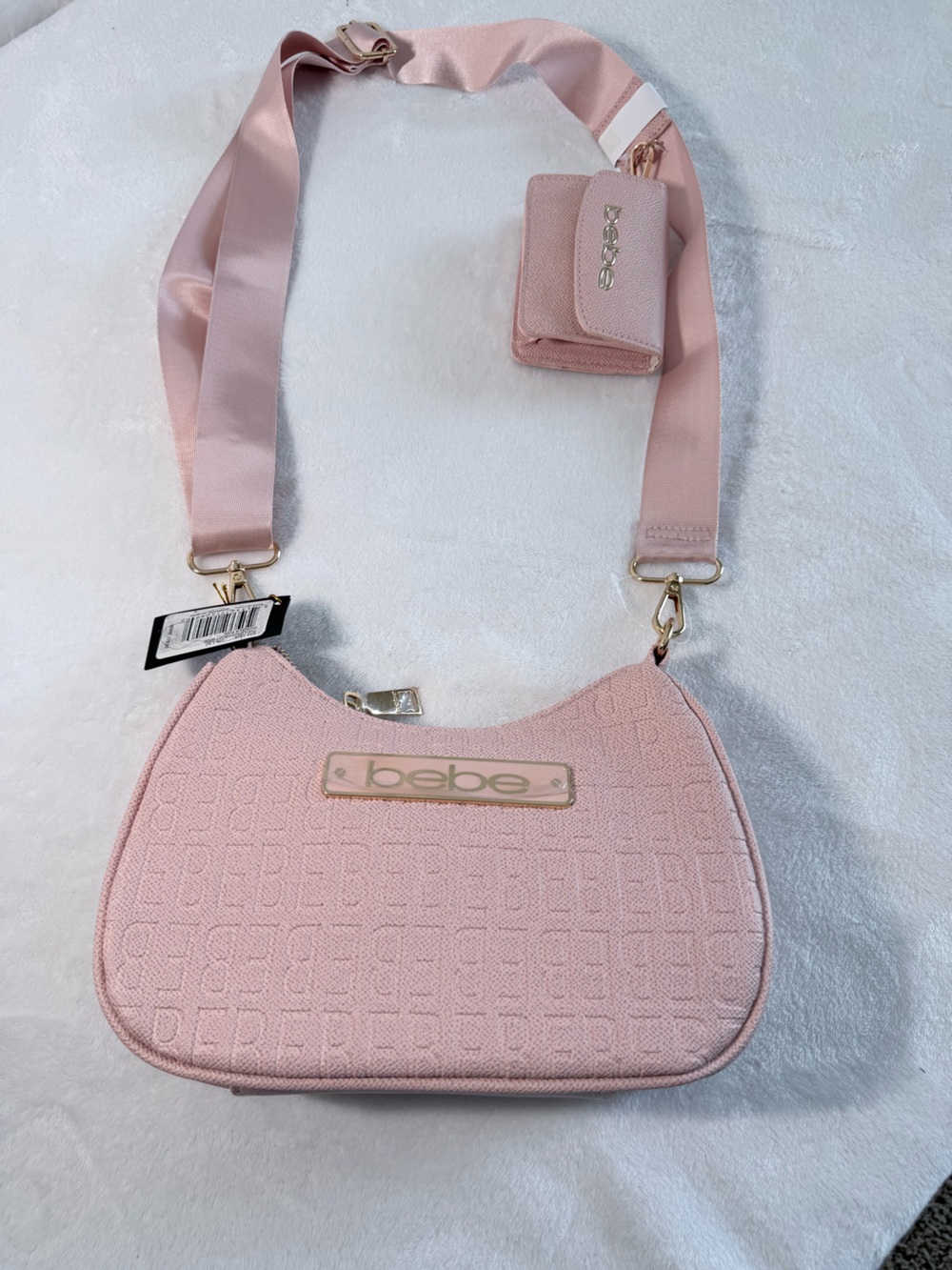 bebe Blush Pink Woven Crossbody Bag with Gold Hardware
